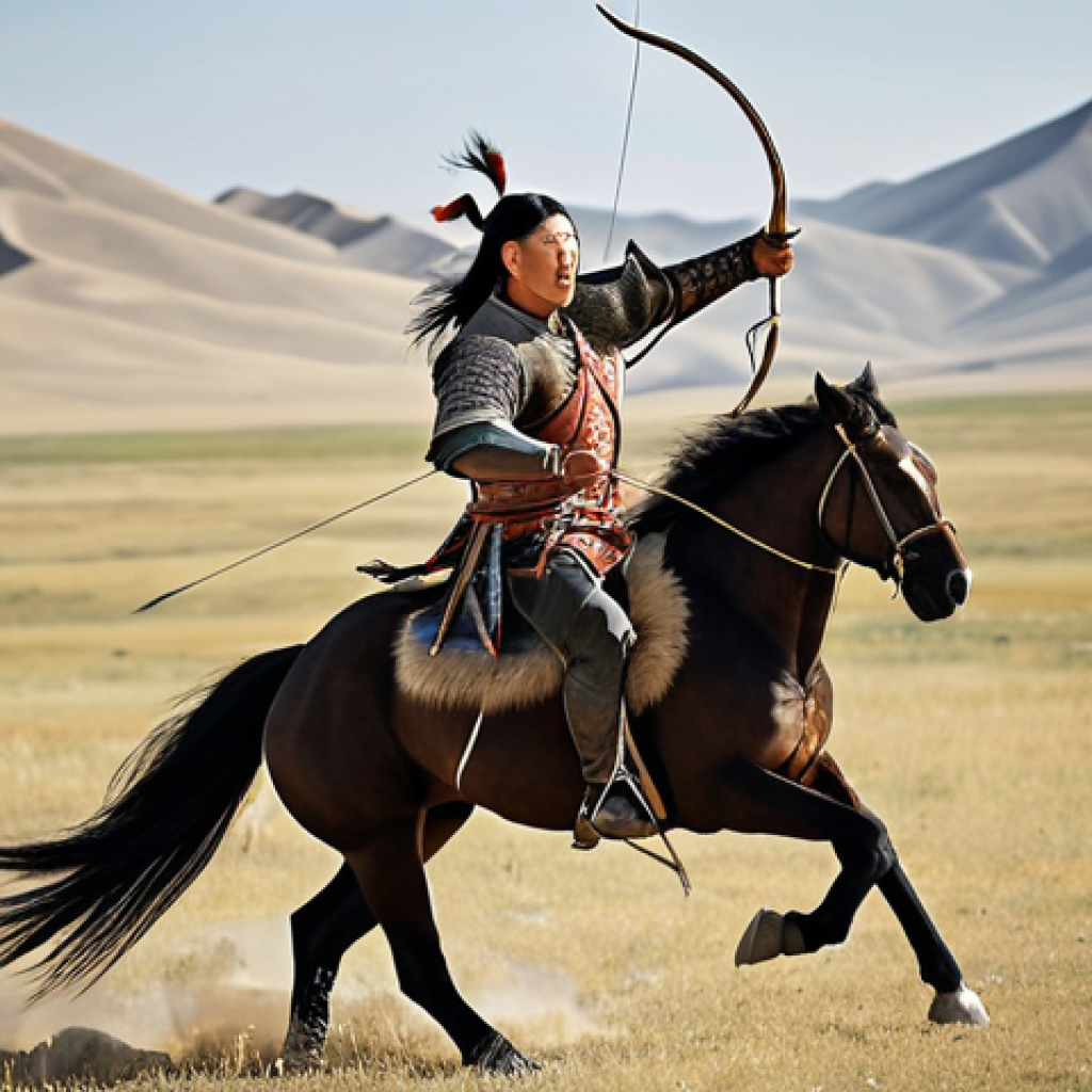 **

"Mongol horse archer at full gallop, demonstrating expert horsemanship and archery skills, vast steppe landscape in background." (Focus: Illustrate Mongol's equestrian and archery prowess.)

**