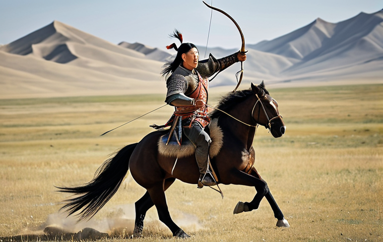 **
"Mongol horse archer at full gallop, demonstrating expert horsemanship and archery skills, vast steppe landscape in background." (Focus: Illustrate Mongol's equestrian and archery prowess.)
**