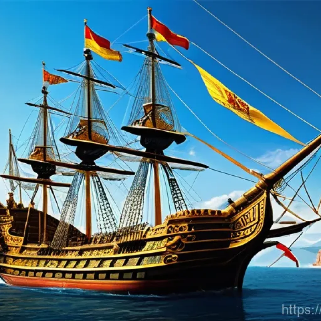 스페인 무적함대와 해전 - **Prompt:** A majestic fleet of 16th-century Spanish galleons sails proudly across a calm, sunlit se...