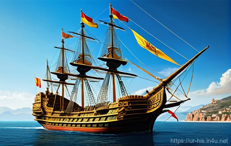 스페인 무적함대와 해전 - **Prompt:** A majestic fleet of 16th-century Spanish galleons sails proudly across a calm, sunlit se...