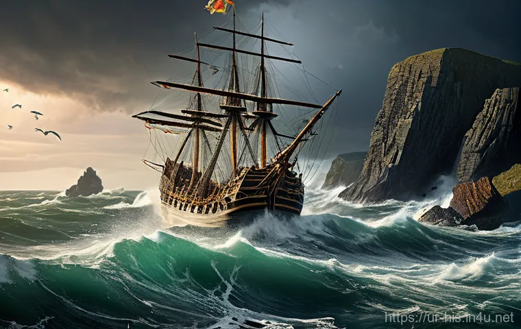스페인 무적함대와 해전 - **Prompt:** A dynamic naval battle scene unfolds in the stormy English Channel. Smaller, agile Engli...