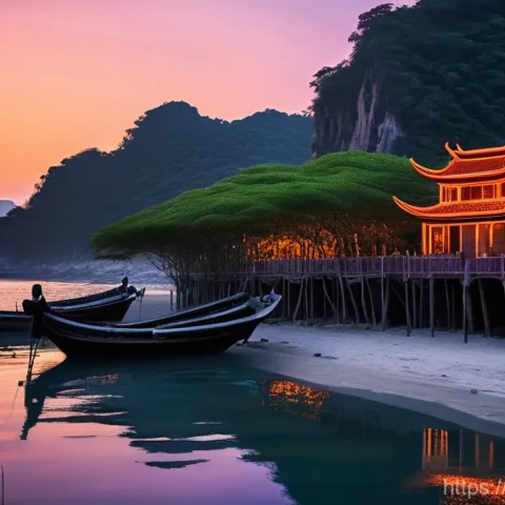 명나라의 대외 무역 정책 - **Prompt:** A bustling yet subdued Ming Dynasty coastal village at twilight. Small, traditional Chin...