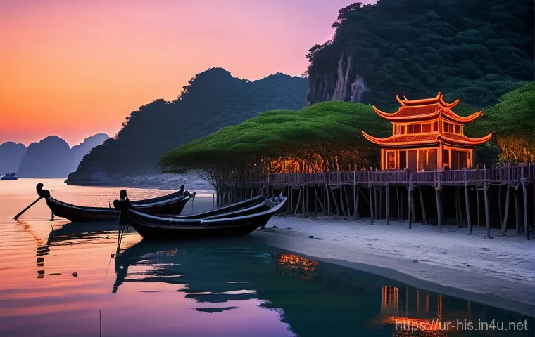 명나라의 대외 무역 정책 - **Prompt:** A bustling yet subdued Ming Dynasty coastal village at twilight. Small, traditional Chin...