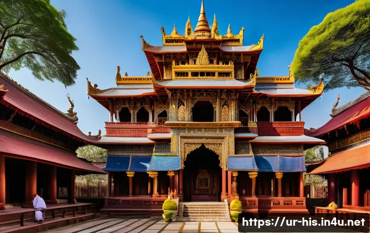 고려 시대 불교와 정치 - A majestic ancient Buddhist temple complex in a South Asian kingdom during the medieval era, showcas...