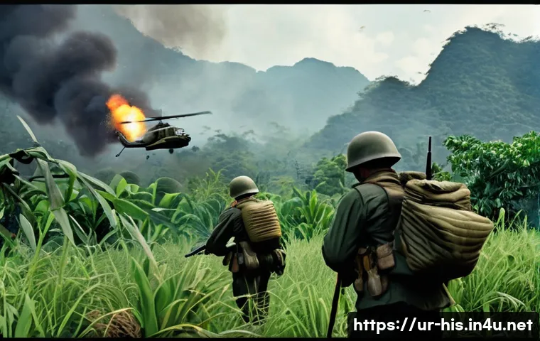 베트남 전쟁과 냉전의 관계 - A detailed and historically accurate scene of the Vietnam War battlefield during the Cold War era, s...