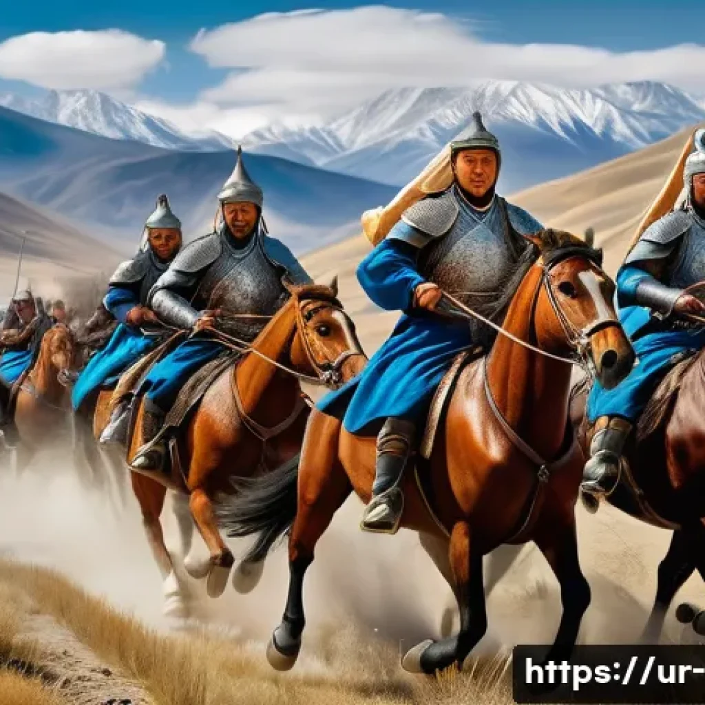 몽골의 세계 정복 전략 - A highly detailed scene of Mongol cavalry moving swiftly across a rugged terrain combining mountains...