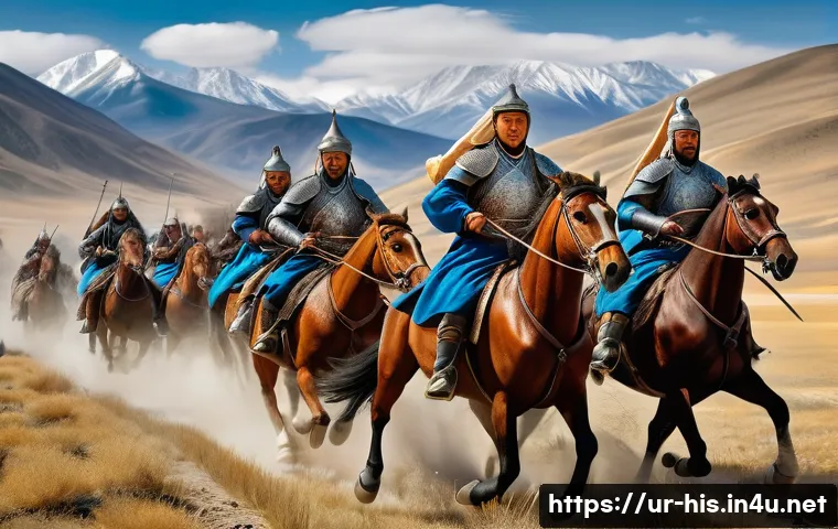 몽골의 세계 정복 전략 - A highly detailed scene of Mongol cavalry moving swiftly across a rugged terrain combining mountains...