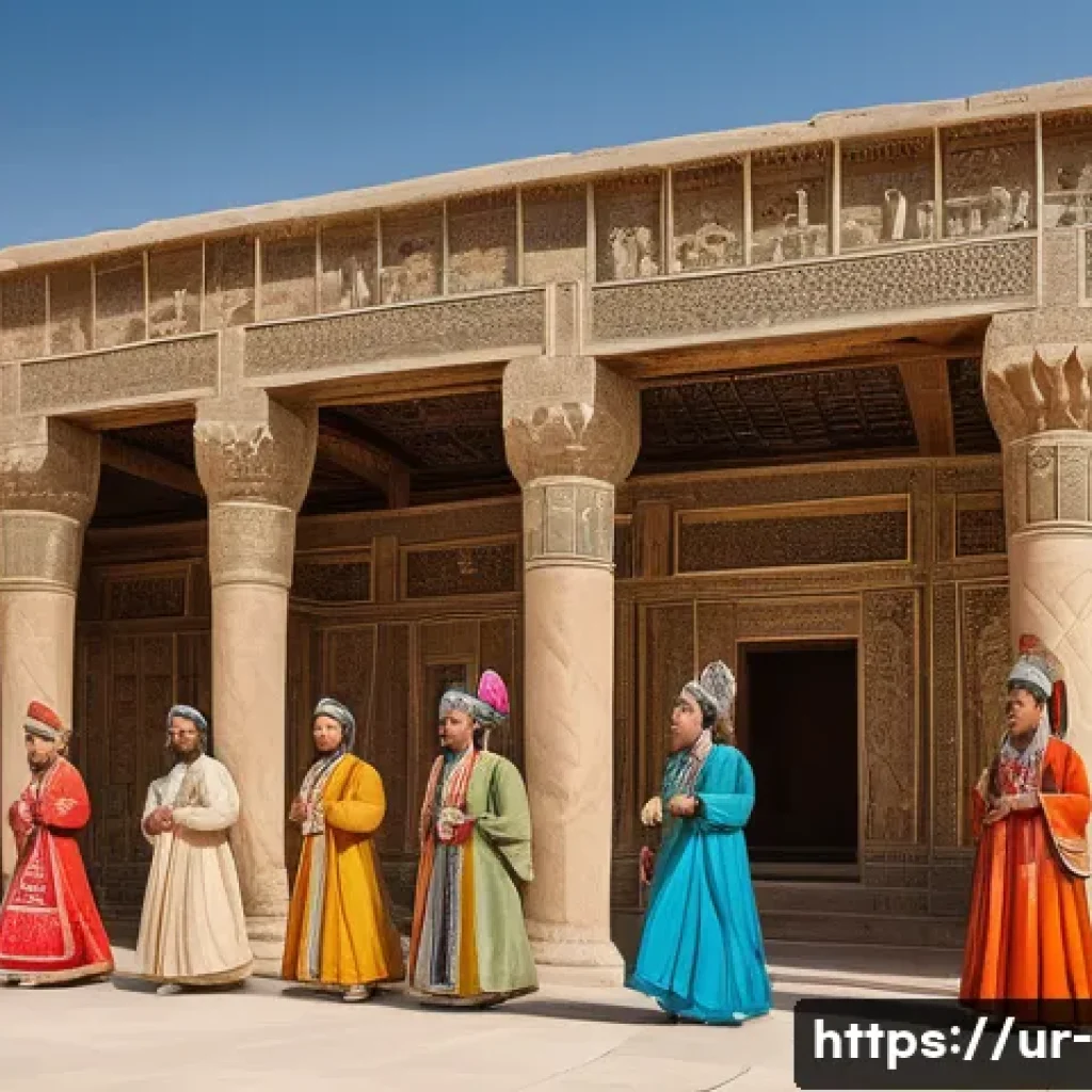 고대 이란 아케메네스 왕조 - A grand scene depicting the ancient Achaemenid Empire&rsquo;s royal court during a cultural festival, feat...