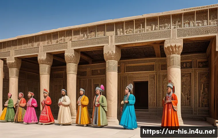 고대 이란 아케메네스 왕조 - A grand scene depicting the ancient Achaemenid Empire’s royal court during a cultural festival, feat...