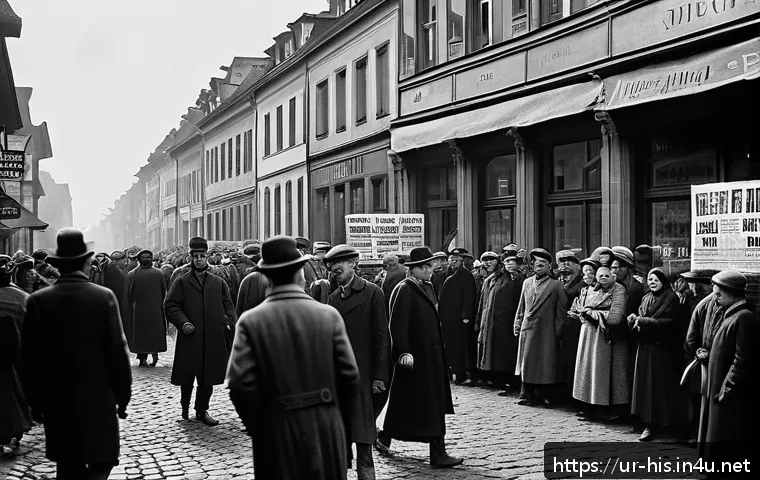 바이마르 공화국과 히틀러의 등장 - A detailed historical scene depicting a crowded German street during the early 1920s economic crisis...