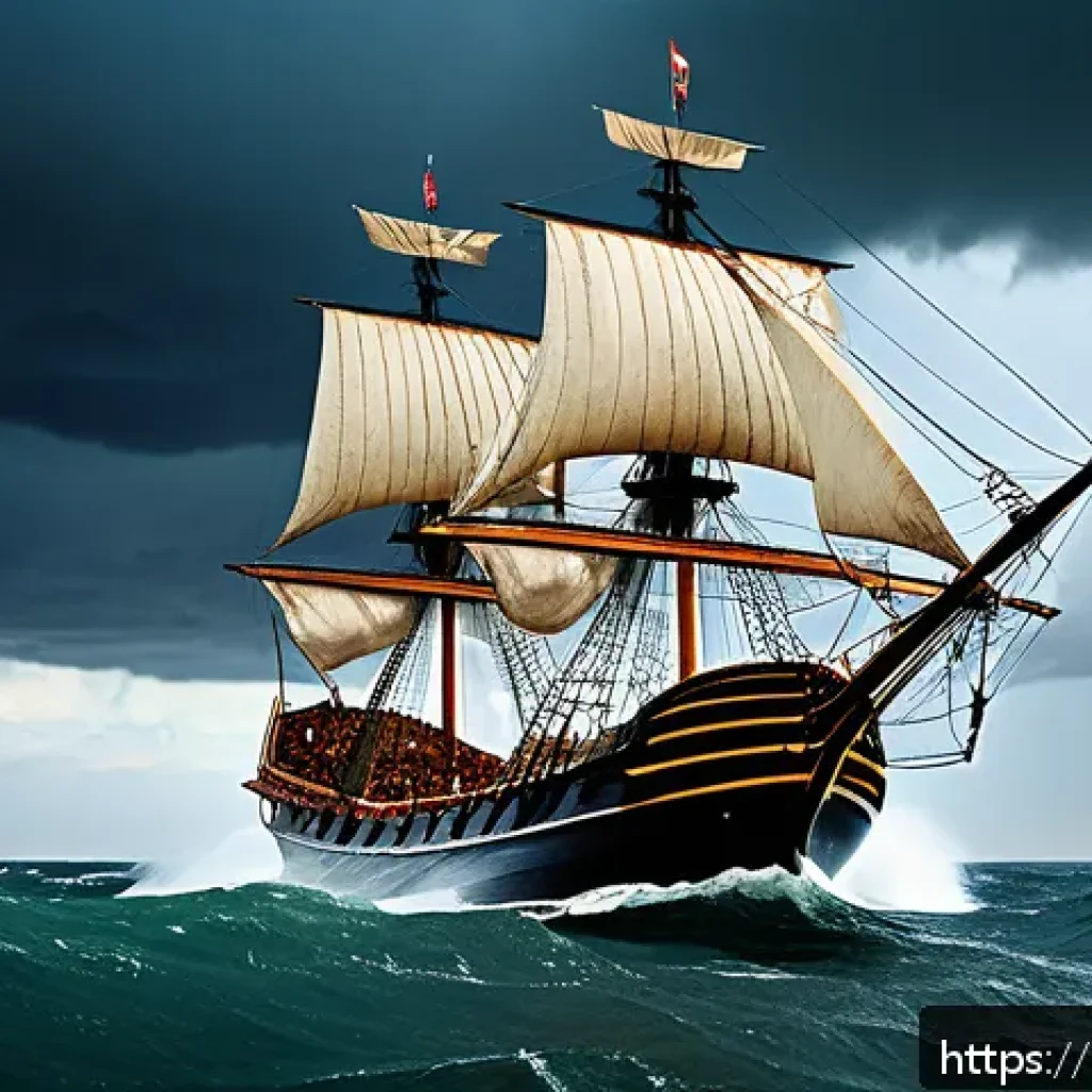 대항해 시대 포르투갈과 스페인 - A detailed scene of a 15th-century Portuguese caravel sailing ship navigating through a stormy ocean...