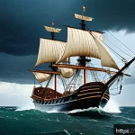 Home 20 대항해 시대 포르투갈과 스페인 - A detailed scene of a 15th-century Portuguese caravel sailing ship navigating through a stormy ocean...