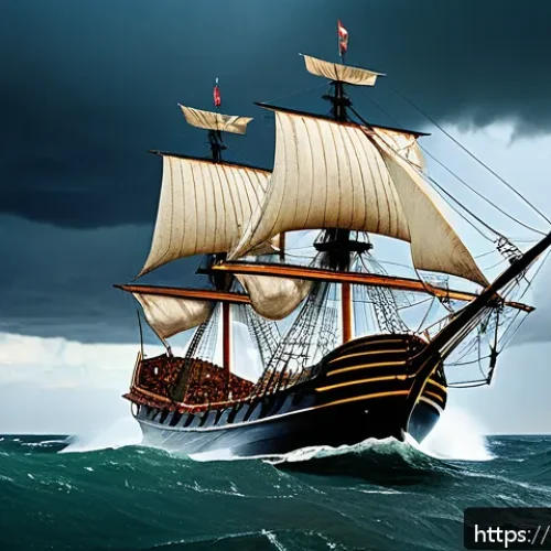 Home 32 대항해 시대 포르투갈과 스페인 - A detailed scene of a 15th-century Portuguese caravel sailing ship navigating through a stormy ocean...