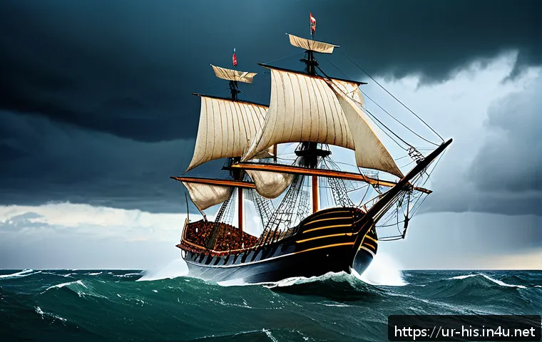 대항해 시대 포르투갈과 스페인 - A detailed scene of a 15th-century Portuguese caravel sailing ship navigating through a stormy ocean...