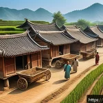 Home 19 고대 중국의 철기 시대 - A detailed scene of an ancient Chinese agricultural village during the Iron Age, showing farmers wea...