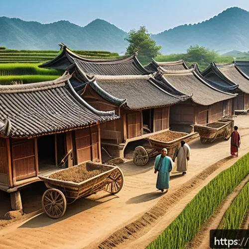 Home 31 고대 중국의 철기 시대 - A detailed scene of an ancient Chinese agricultural village during the Iron Age, showing farmers wea...