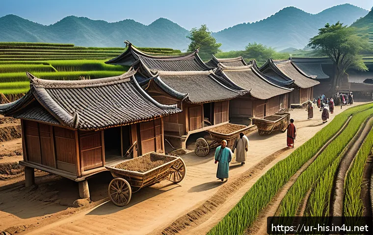 고대 중국의 철기 시대 - A detailed scene of an ancient Chinese agricultural village during the Iron Age, showing farmers wea...