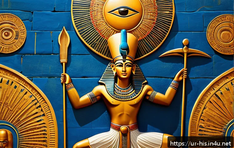 고대 이집트 신화의 기원 - A detailed ancient Egyptian mural scene depicting the sun god Ra seated majestically on a golden thr...