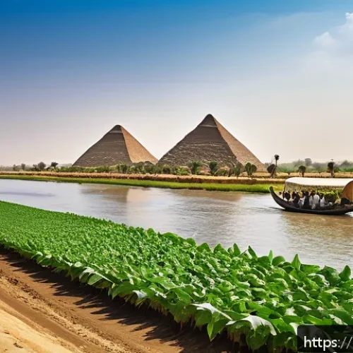 Home 17 고대 이집트 파라오들의 정책 - A detailed ancient Egyptian agricultural scene along the Nile River during the annual flood season: ...