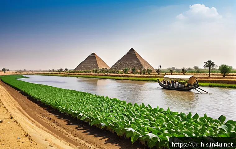고대 이집트 파라오들의 정책 - A detailed ancient Egyptian agricultural scene along the Nile River during the annual flood season: ...