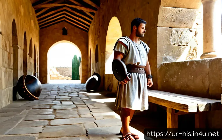 로마 검투사의 생활 - Photorealistic ancient Roman gladiator preparing for training inside a sunlit stone barracks, muscul...